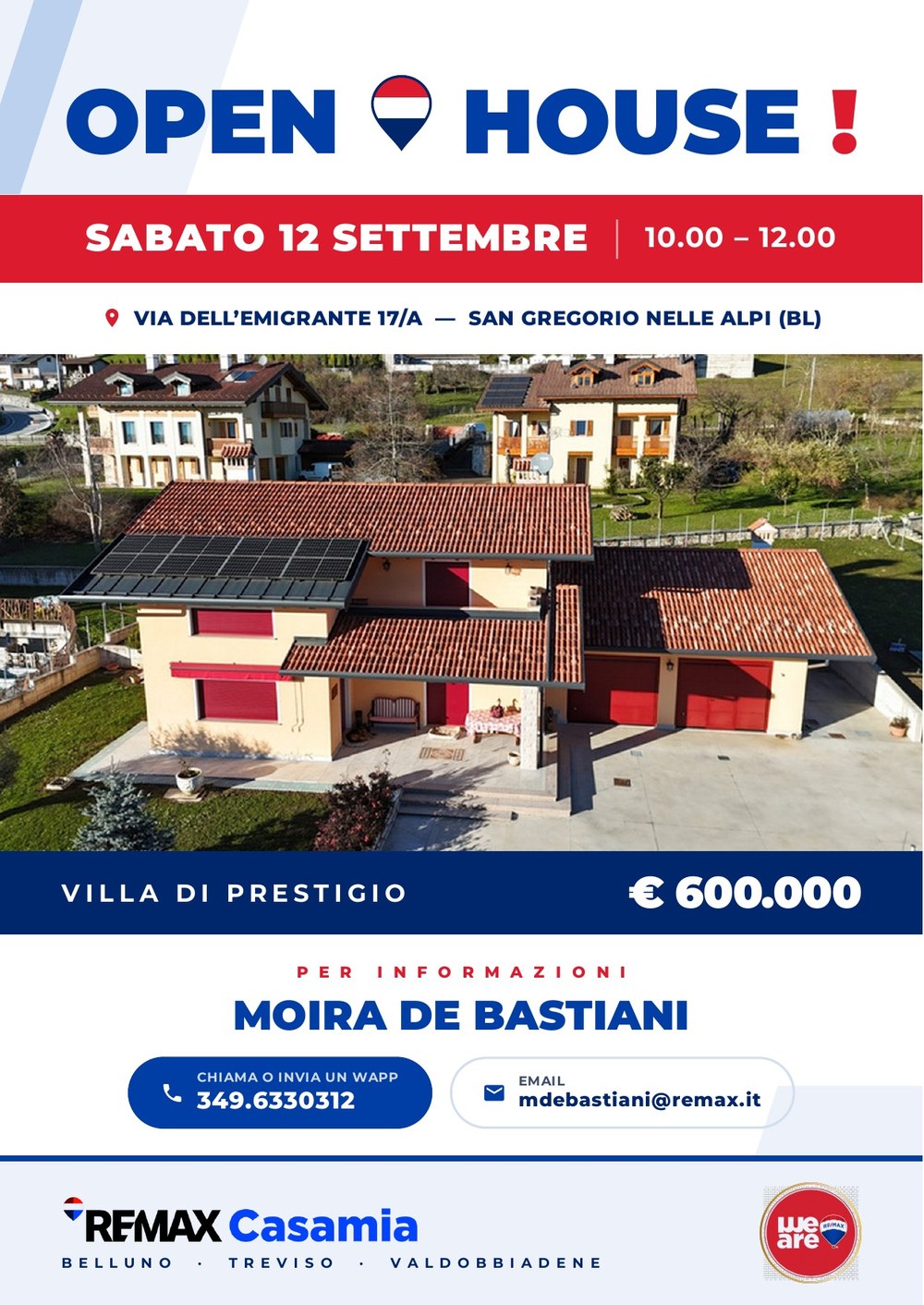 Volantino dell'open house a San Gregorio nelle Alpi, fronte: data, orario, indirizzo e foto della villa