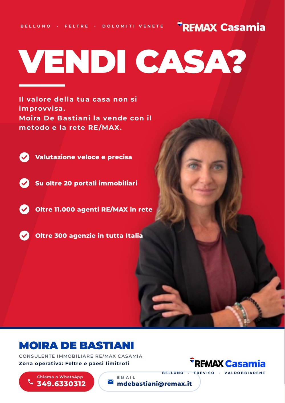 Volantino dell'open house, retro: Vendi casa? con Moira De Bastiani e i servizi RE/MAX Casamia
